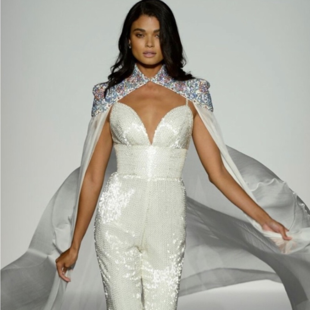 Sherri Hill White Sequin Dress with Silver Accents